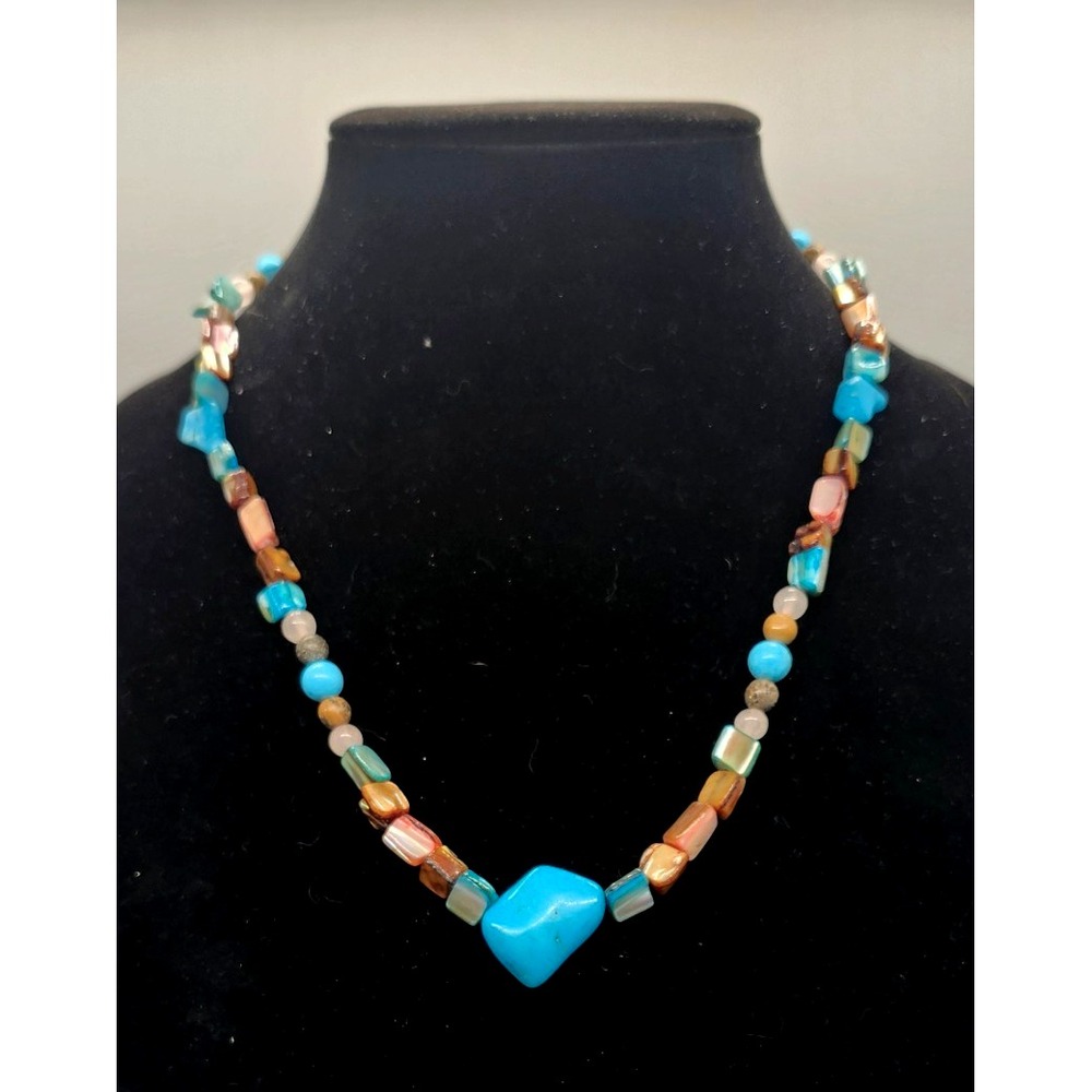 Southwest Mixed‎ Shape Stone Bead & Turquoise Eath Tone Necklace Excellent!